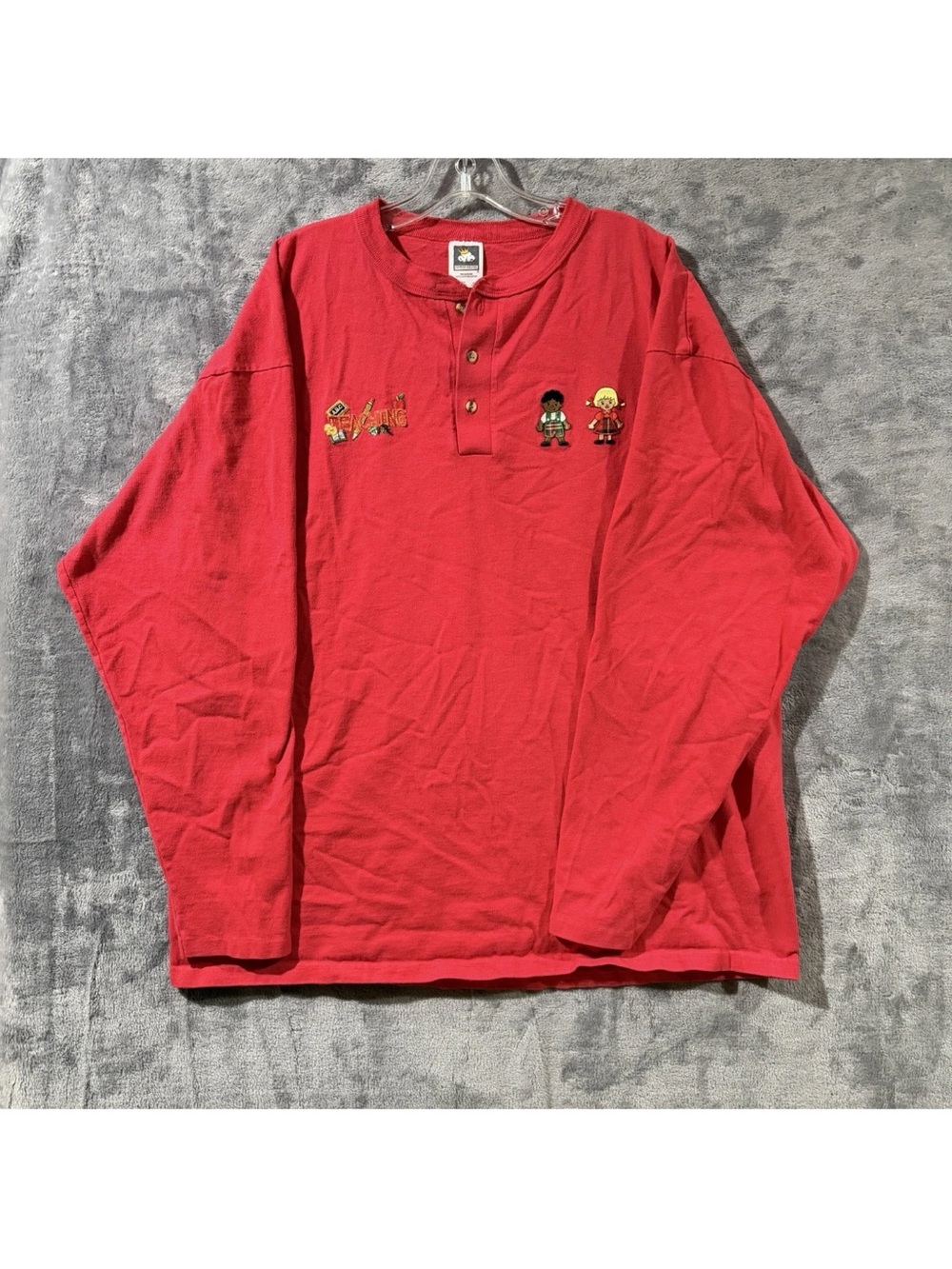 Cotton Deluxe Henley Shirt "Teaching" Embroidery Made in USA Size 2XL 90’s Vtg
